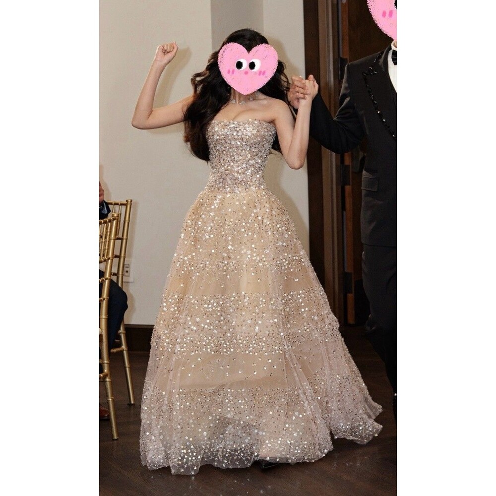 Custom made full sequin Gold Ball Gown size 2, strapped back closure
